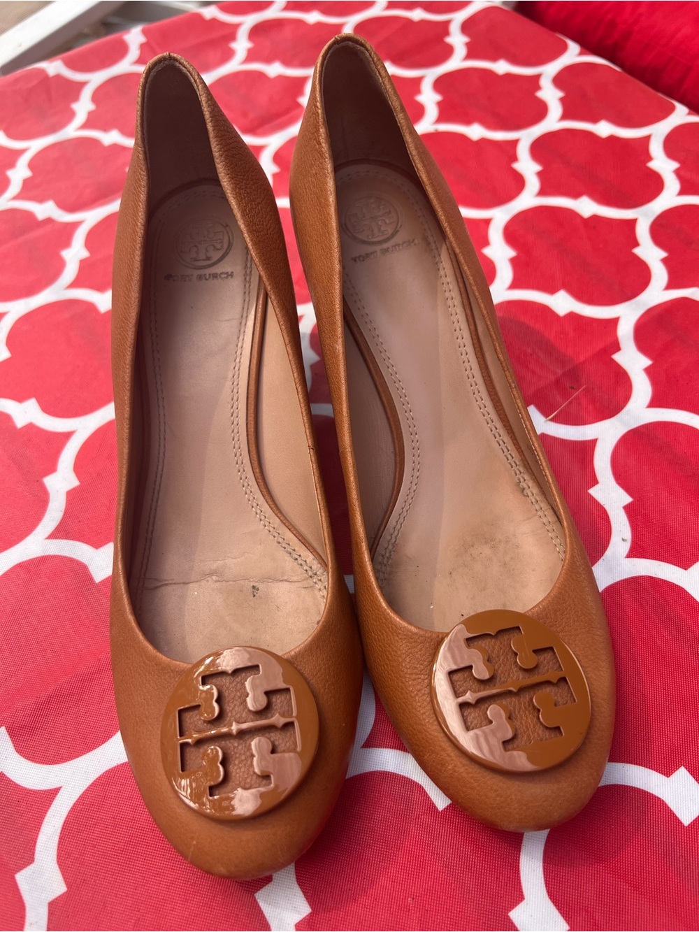 Tory Burch Cognac Leather Logo Ballet Flats
